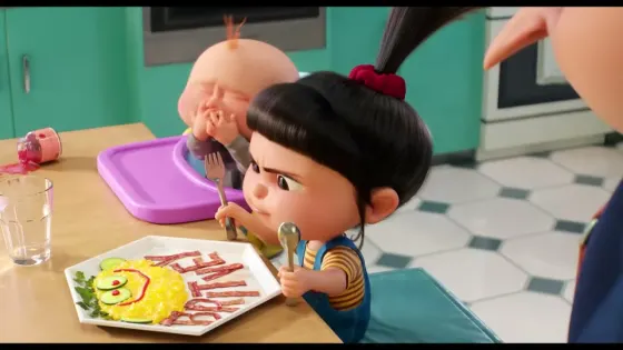 Agnes and her little brother at the breakfast table in Gru 4